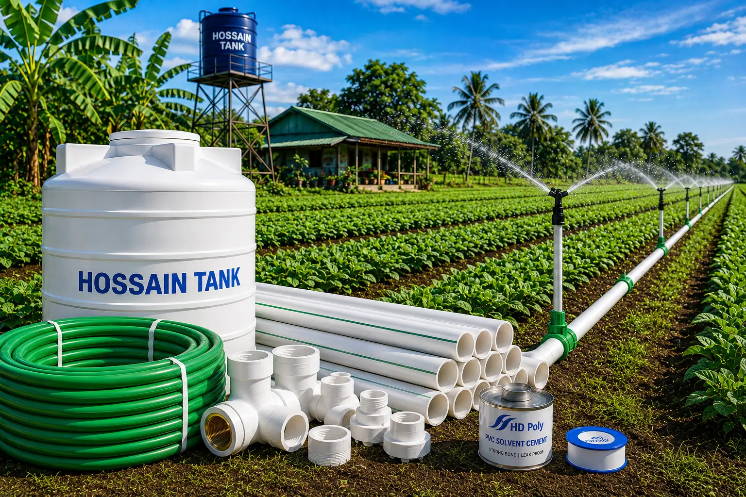 HD Poly irrigation pipes and Hossain Tank for agricultural water supply