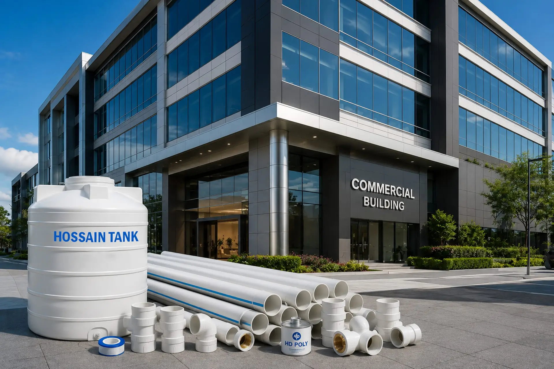 HD Poly pipes, fittings and water tanks for commercial buildings