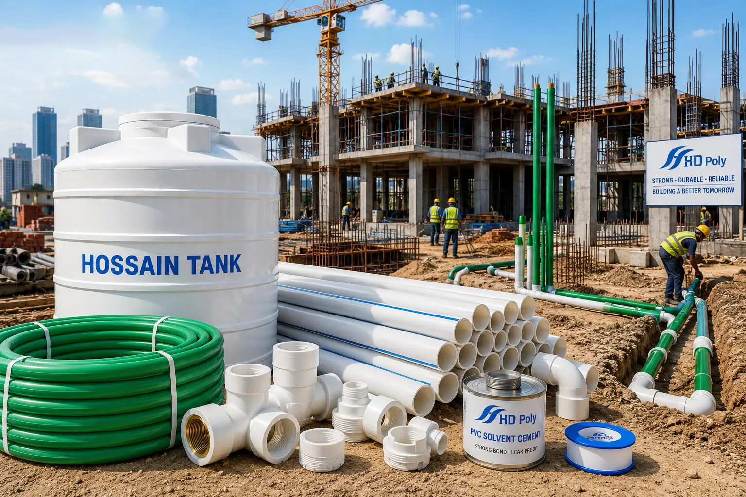 HD Poly pipes and fittings for construction and plumbing applications