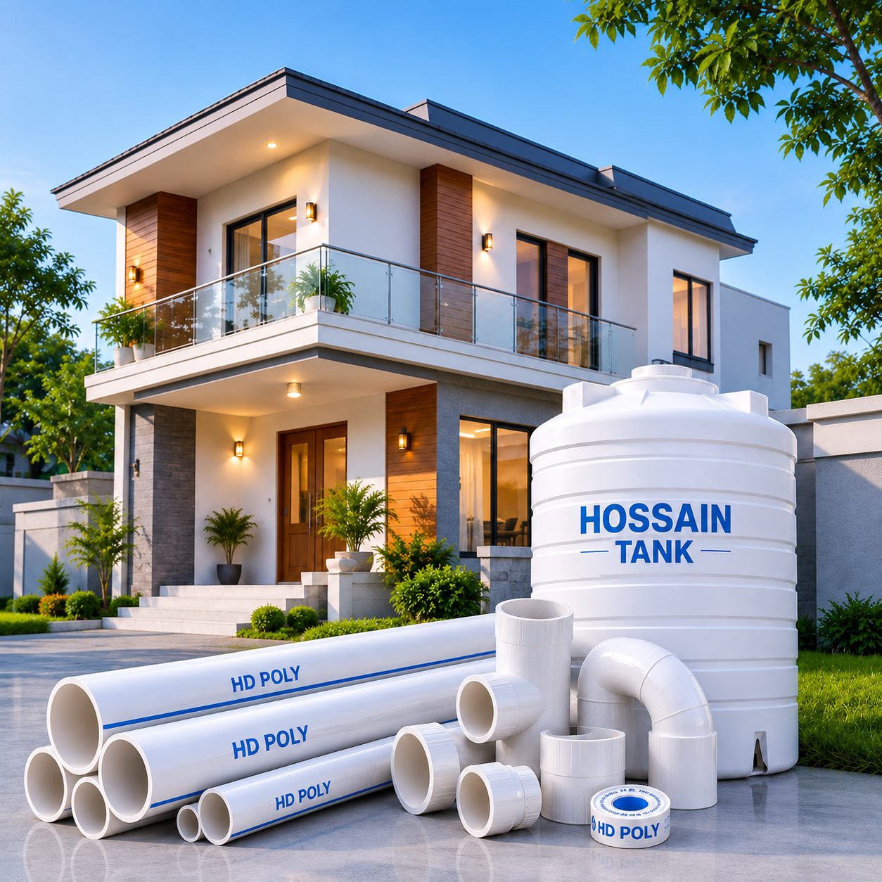HD Poly uPVC pipes, fittings and Hossain Tank for residential plumbing
