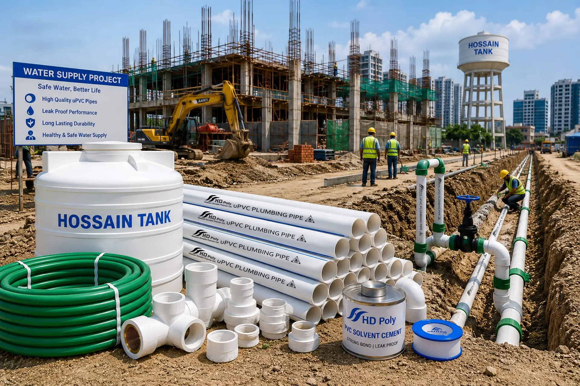 HD Poly water supply pipes, fittings and Hossain Tank for reliable water distribution